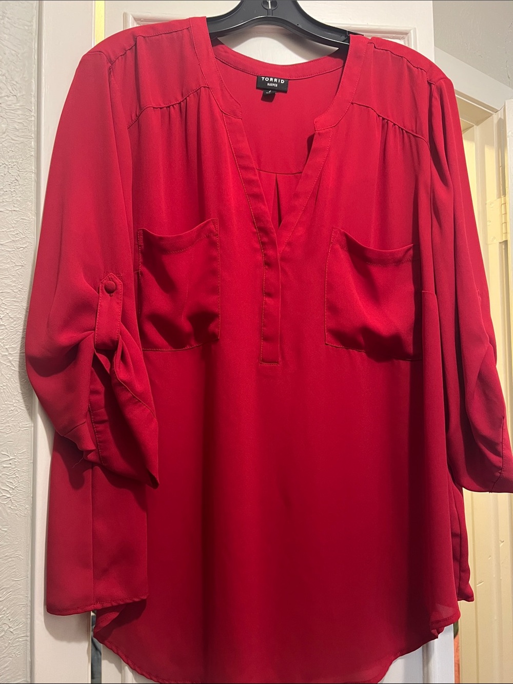 Torrid Red V-Neck Blouse with Front Pockets